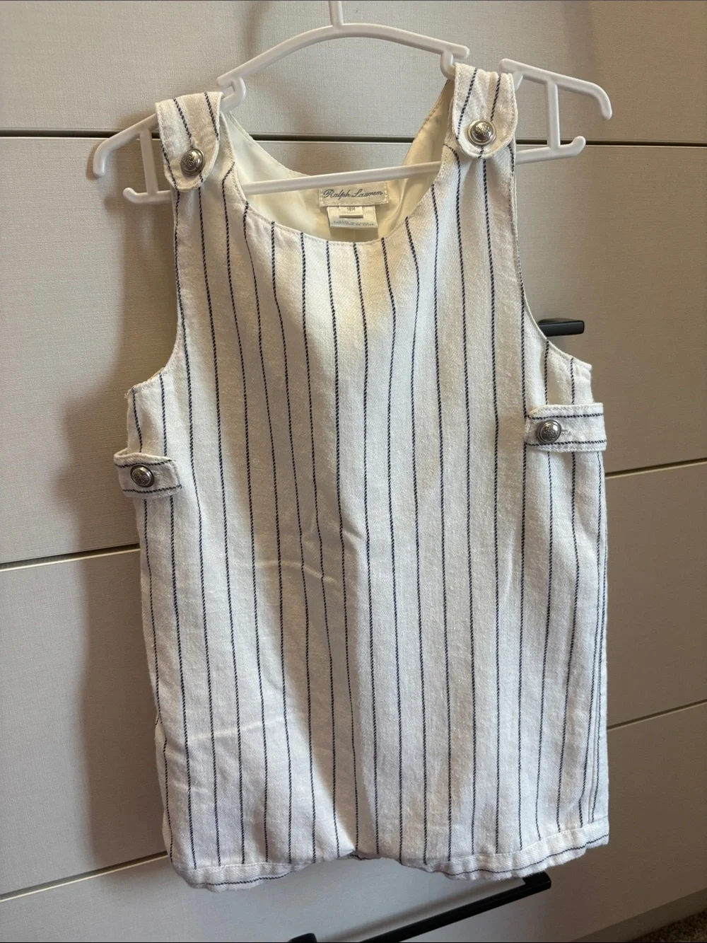 Ralph Lauren White Onesie with Navy Pinstripes 18m